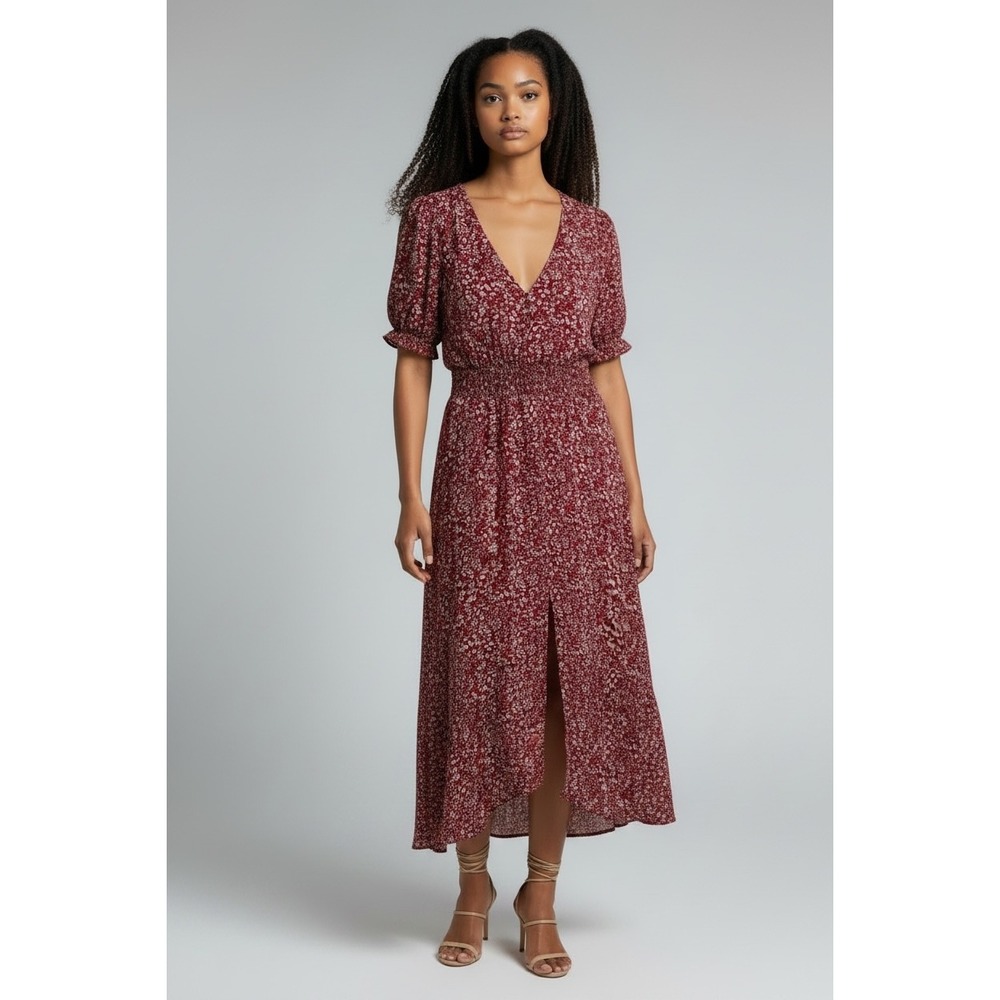 Hayden‎ Floral Midi Dress Women's Medium Red Excellent Smocked High-Low V-Neck